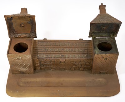 Lot 979 - Unusual Victorian brass advertising desk stand, in the form of maltings, with hinged roofs, made for Samuel Thompson & Sons, Midland Maltings, Smethwick, Birmingham, 28cm long