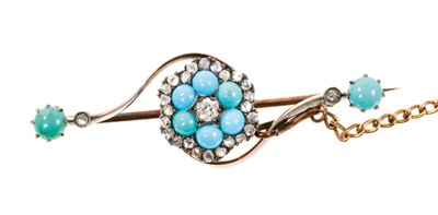 Lot 679 - Late Victorian turquoise and diamond brooch, the flower head cluster with a central old cut diamond surrounded by a border of turquoise cabochons and rose cut diamonds in a cross over setting with...