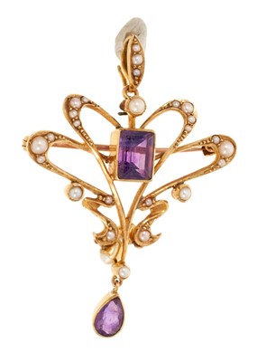 Lot 680 - Edwardian Art Nouveau 15ct gold amethyst and seed pearl pendant brooch with whiplash scrolls suspending two pearl drops and pear cut amethyst.