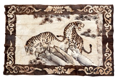 Lot 1215 - Impressive hand stitched fur rug depicting a pair of tigers on a rock, 160cm x 220cm