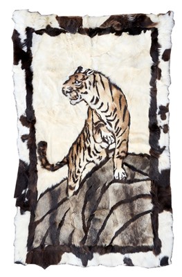 Lot 1216 - Impressive hand stitched fur rug depicting a tiger on a rock, 282cm x 122cm