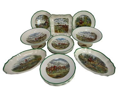 Lot 1217 - Collection of Copland Spode hunting china decorated with scenes after J. F. Herring, comprising 12 side plates, 2 pedestal dishes, 2 oval dishes and 1 sqaure dish (17 pieces)