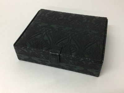 Lot 9 - Green leather jewellery box retailed by Liberty of London, 21cm x 18cm x 5.5cm.