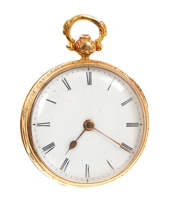 Lot 882 - Early 19th century 18ct mid-size pocket watch fusee movement by Waterhouse & Co. Dame Street, Dublin, numbered 12997, in an 18ct gold case, London 1838. Diameter 42mm.