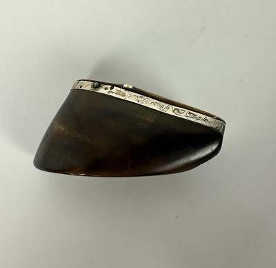 Lot 1229 - 19th century cow hoof snuff box, white metal mounted with engraved crest and named 'David Brodie, Cupar Angus', 9cm long