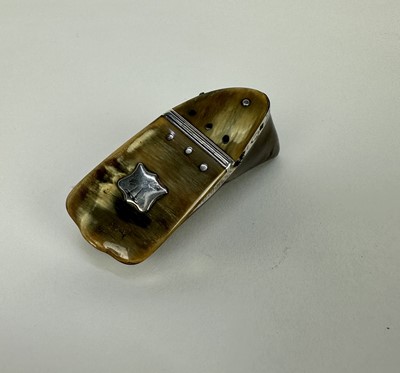 Lot 1229 - 19th century cow hoof snuff box, white metal mounted with engraved crest and named 'David Brodie, Cupar Angus', 9cm long