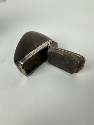 Lot 1229 - 19th century cow hoof snuff box, white metal mounted with engraved crest and named 'David Brodie, Cupar Angus', 9cm long