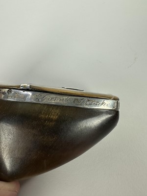 Lot 1229 - 19th century cow hoof snuff box, white metal mounted with engraved crest and named 'David Brodie, Cupar Angus', 9cm long