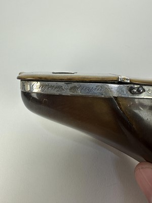 Lot 1229 - 19th century cow hoof snuff box, white metal mounted with engraved crest and named 'David Brodie, Cupar Angus', 9cm long