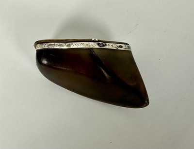 Lot 1229 - 19th century cow hoof snuff box, white metal mounted with engraved crest and named 'David Brodie, Cupar Angus', 9cm long