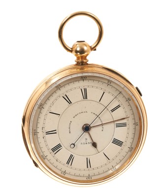 Lot 883 - Large 19th century 18ct gold 'Marine Decimal Chronograph' pocket watch with white enamel dial and centre seconds with stopwatch function, the movement signed L.W. Zimmerman and numbered 9/53830. Th...