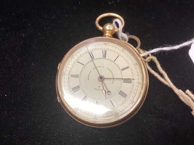Lot 883 - Large 19th century 18ct gold 'Marine Decimal Chronograph' pocket watch with white enamel dial and centre seconds with stopwatch function, the movement signed L.W. Zimmerman and numbered 9/53830. Th...