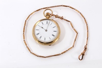 Lot 884 - Late Victorian 18ct gold fob watch with button-wind movement by E. Briggs, Cleckheaton, signed and numbered 150696, in 18ct gold case, Chester 1901, 39mm diameter. Together with an Edwardian 9ct ro...