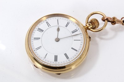 Lot 884 - Late Victorian 18ct gold fob watch with button-wind movement by E. Briggs, Cleckheaton, signed and numbered 150696, in 18ct gold case, Chester 1901, 39mm diameter. Together with an Edwardian 9ct ro...