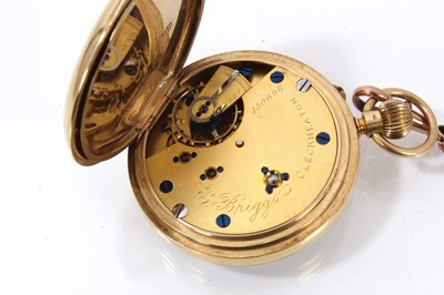 Lot 884 - Late Victorian 18ct gold fob watch with button-wind movement by E. Briggs, Cleckheaton, signed and numbered 150696, in 18ct gold case, Chester 1901, 39mm diameter. Together with an Edwardian 9ct ro...