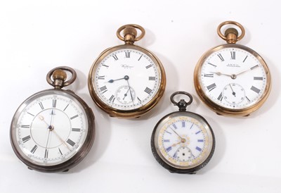 Lot 885 - Two Waltham pocket watches in gold plated cases, a Victorian silver pocket watch and a Swiss silver fob watch (4)