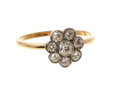 Lot 801 - Antique diamond cluster ring with a daisy shape cluster of eight old cut diamonds in platinum setting on yellow gold shank. Estimated total diamond weight approximately 0.55cts. Ring size O½.