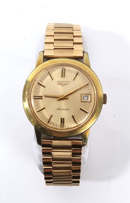 Lot 874 - 1970s gentlemen's Longines Automatic wristwatch with gold dial, date aperture at the 3 o'clock position, centre seconds and baton hour markers in circular gold plated case, 36mm diameter.