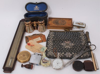 Lot 994 - Assorted works of art including enamelled flask, beaded purse, Regency lidded box, sundries.