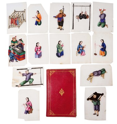 Lot 1000 - 19th century album, with loose Chinese pith paintings, depicting various figural scenes including domestic and torture, 19 in total