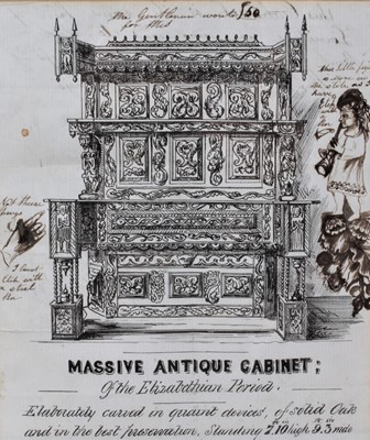 Lot 14 - Curious 19th century engraving with pen embellishments, the engraving depicting Massive antique cabinet, inscribed 'The Gentleman wants £50 for this' and 'This cabinet is the kind of furniture we w...
