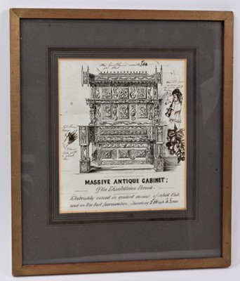 Lot 1001 - Curious 19th century engraving with pen embellishments, the engraving depicting Massive antique cabinet, inscribed 'The Gentleman wants £50 for this' and 'This cabinet is the kind of furniture we w...