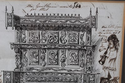 Lot 1001 - Curious 19th century engraving with pen embellishments, the engraving depicting Massive antique cabinet, inscribed 'The Gentleman wants £50 for this' and 'This cabinet is the kind of furniture we w...