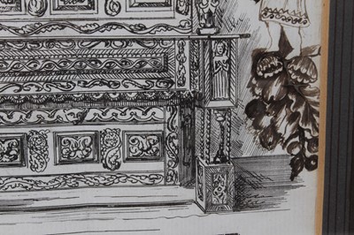 Lot 1001 - Curious 19th century engraving with pen embellishments, the engraving depicting Massive antique cabinet, inscribed 'The Gentleman wants £50 for this' and 'This cabinet is the kind of furniture we w...