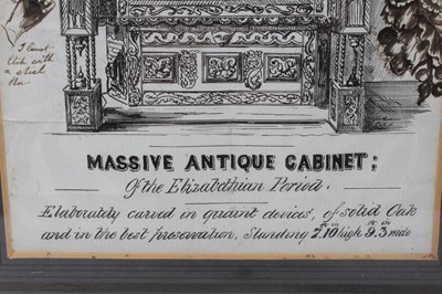 Lot 1001 - Curious 19th century engraving with pen embellishments, the engraving depicting Massive antique cabinet, inscribed 'The Gentleman wants £50 for this' and 'This cabinet is the kind of furniture we w...