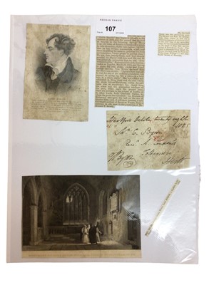 Lot 107 - The Family of Lord Byron, signed and inscribed double sided free post envelope dated October 1825 addressed to Mr C.Byron and Thomas Byron at Bayford,Hertford and related period Lord Byron press cu...