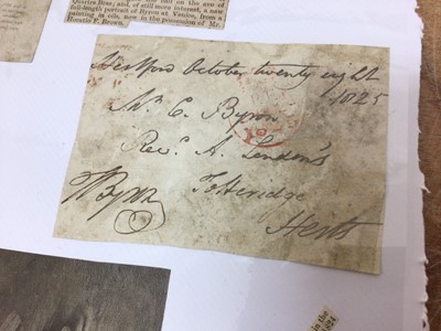 Lot 107 - The Family of Lord Byron, signed and inscribed double sided free post envelope dated October 1825 addressed to Mr C.Byron and Thomas Byron at Bayford,Hertford and related period Lord Byron press cu...