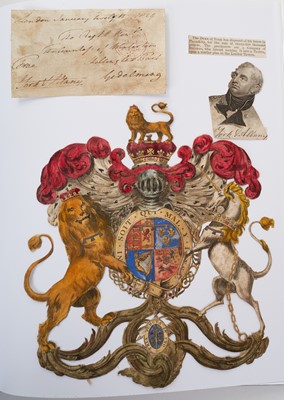 Lot 108 - Collection highly decorative 19th century hand tinted Royal Coats of Arms and others, signed document by the British Statesman George Canning, signed and inscribed free post envelope by H.R.H. The...