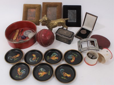 Lot 1014 - Works of art including Scandinavian enamelled silver buckle, tortoiseshell box, medallions, coaster etc