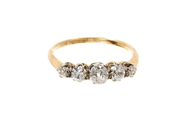 Lot 814 - Antique diamond five stone ring with five old cut diamonds in claw setting on 18ct gold shank. Estimated total diamond weight approximately 0.70cts, ring size O.