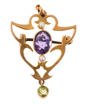 Lot 656 - Edwardian Art Nouveau gold amethyst peridot and seed pearl pendant brooch, possibly of support to the Suffragette movement, 35mm.