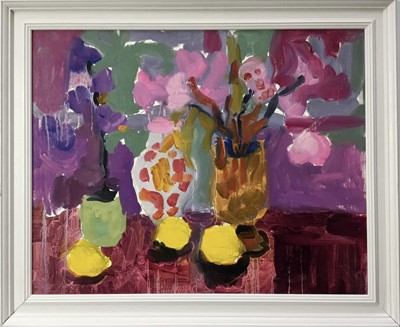 Lot 197 - Annelise Firth (b.1961) oil on linen on board - 'Blossom and Lemons' signed, titled and dated 2023 verso,  40cm x 50cm, framed. Chelsea Art Society Summer Exhibition label.