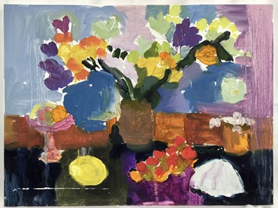 Lot 201 - Annelise Firth (b.1961) oil on canvas - ‘Violet and Gold Still Life’, signed titled and dated 2023, 45cm x 60cm, unframed