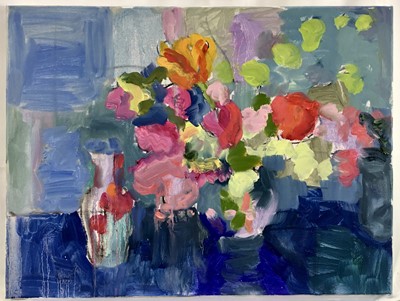 Lot 203 - Annelise Firth (b.1961) oil on canvas - ‘Pink on Blue Still Life, Giant Tulip’, 46cm x 61cm, signed titled and dated 2023 verso, unframed