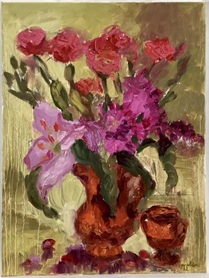 Lot 204 - Annelise Firth (b.1961) oil on canvas - ‘Roses and Lilies’, signed titled and dated 2023, 60cm x 46cm, unframed