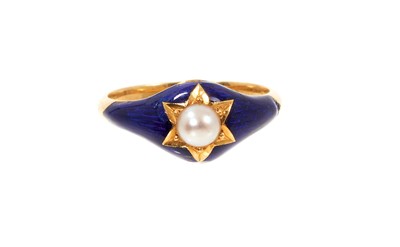 Lot 664 - Victorian gold pearl and blue enamel ring with a 4.4mm half pearl in a star design on royal blue enamel ground and tapered gold shank, glazed locket compartment to the bezel. Ring size M½.