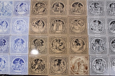 Lot 293 - Collection of 34 Victorian ceramic tiles decorated with scenes from Shakespeare, mostly Minton, in various coloured glazes