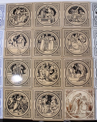 Lot 293 - Collection of 34 Victorian ceramic tiles decorated with scenes from Shakespeare, mostly Minton, in various coloured glazes