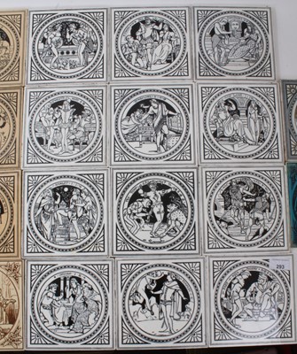 Lot 293 - Collection of 34 Victorian ceramic tiles decorated with scenes from Shakespeare, mostly Minton, in various coloured glazes