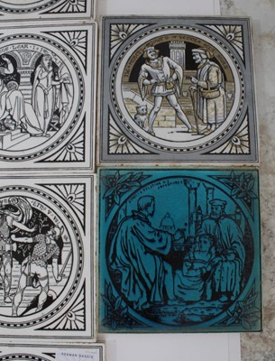 Lot 293 - Collection of 34 Victorian ceramic tiles decorated with scenes from Shakespeare, mostly Minton, in various coloured glazes