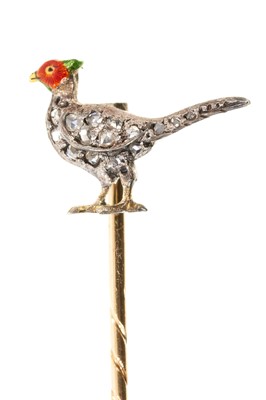 Lot 666 - Good quality antique diamond and enamel novelty stick pin in the form of a pheasant, with pavé set rose cut diamonds in silver and gold setting, in a Tessiers leather box.