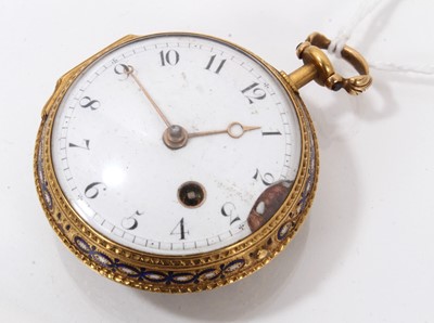 Lot 887 - George III gold and enamel pocket watch, the fusee movement with verge escapement and finely pierced balance cock and plate, signed Geo. Goodman, London, 4511, in a gold case with turquoise, royal...