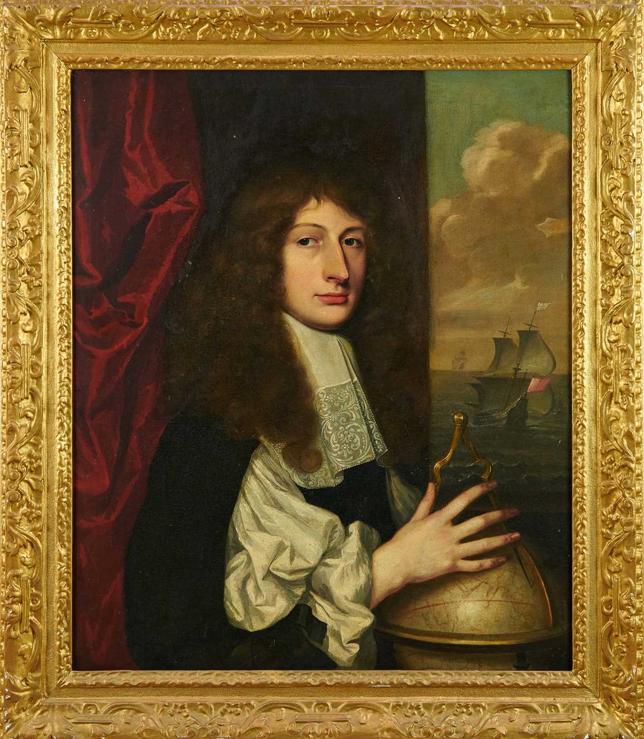 Lot 1300 - Manner of Sir Peter Lely (1618-1680) oil on canvas - Portrait of a Nobleman with compass and globe, a ship at sea beyond, 77cm x 65cm, in gilt frame 
NB: By family repute the sitter is believed to...