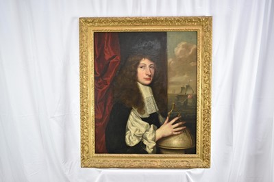 Lot 1300 - Manner of Sir Peter Lely (1618-1680) oil on canvas - Portrait of a Nobleman with compass and globe, a ship at sea beyond, 77cm x 65cm, in gilt frame 
NB: By family repute the sitter is believed to...