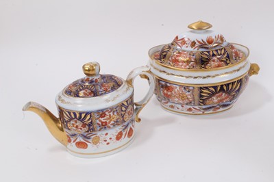 Lot 298 - Davenport Imari style coffee pot and teapot, together with a 19th century English Imari style teapot and sucrier set, and a blue and white Davenport teapot (5)