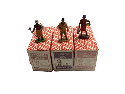 Lot 184 - Britains Pink Trade Boxes Farmers 12 Pack No.2061 (Complete), Farmers Wives 12 Pack No.2062 (9 items), Tractor Driver 12 Pack No. 2057 (9 items range of colours) & Shepherds 12 Pack No.2045 (11 ite...